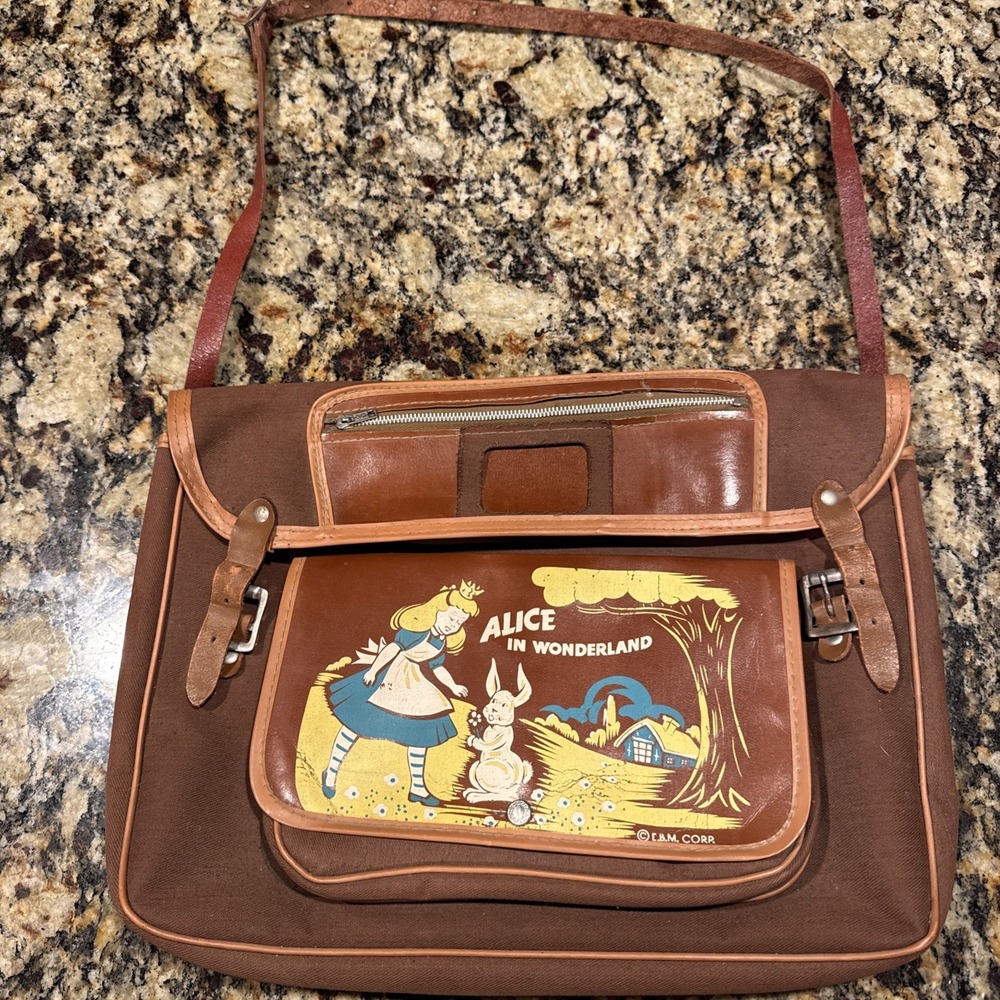 Vintage Alice In wonderland Messenger Bag Leather And Canvas Easton Bag MFG NY